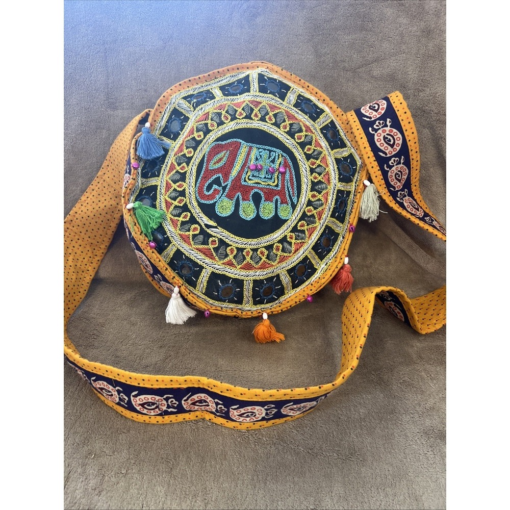Indian Banjara Embroidery Round‎ Shoulder Mirror Tassel Boho Throw Bag Purse
